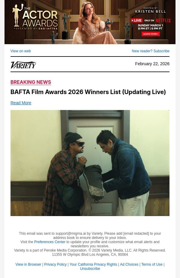 'One Battle After Another' Wins BAFTA for Best Cinematography email from Variety screenshot