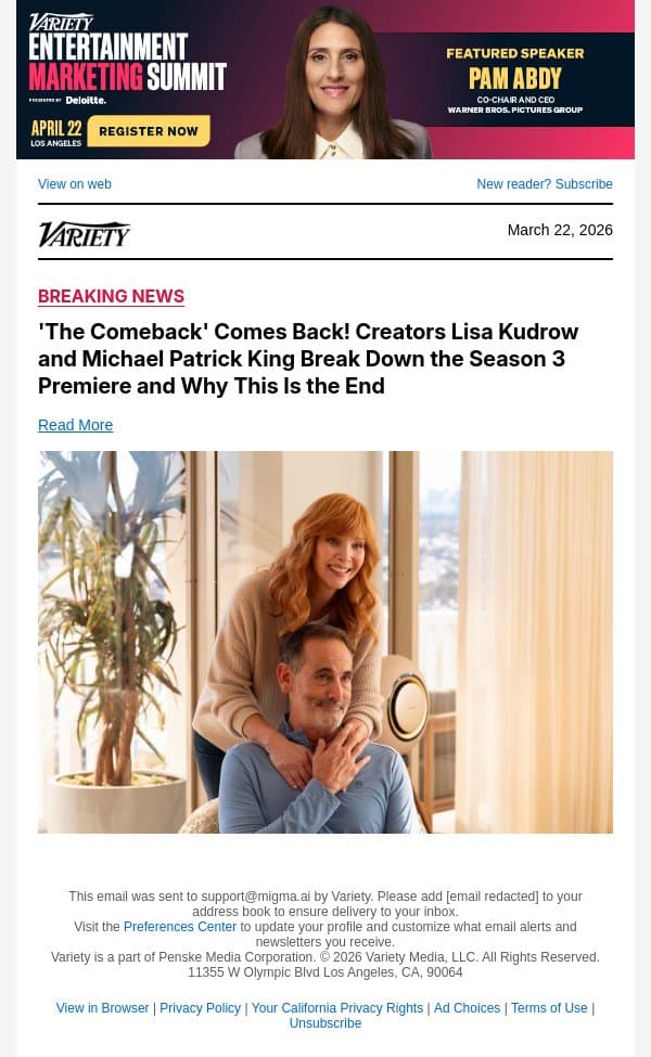 'The Comeback' Comes Back! Creators Lisa Kudrow and Michael Patrick King Break Down the Season 3 Premiere and Why This Is the End email from Variety screenshot