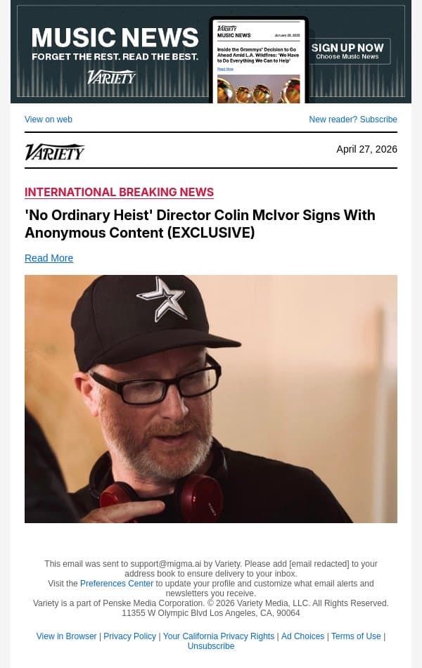 'No Ordinary Heist' Director Colin McIvor Signs With Anonymous Content (EXCLUSIVE) email from Variety screenshot