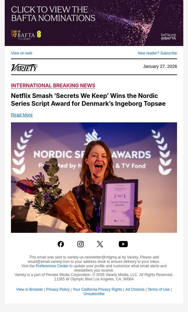 Netflix Smash ‘Secrets We Keep’ Wins the Nordic Series Script Award for Denmark’s Ingeborg Topsøe email from Variety screenshot