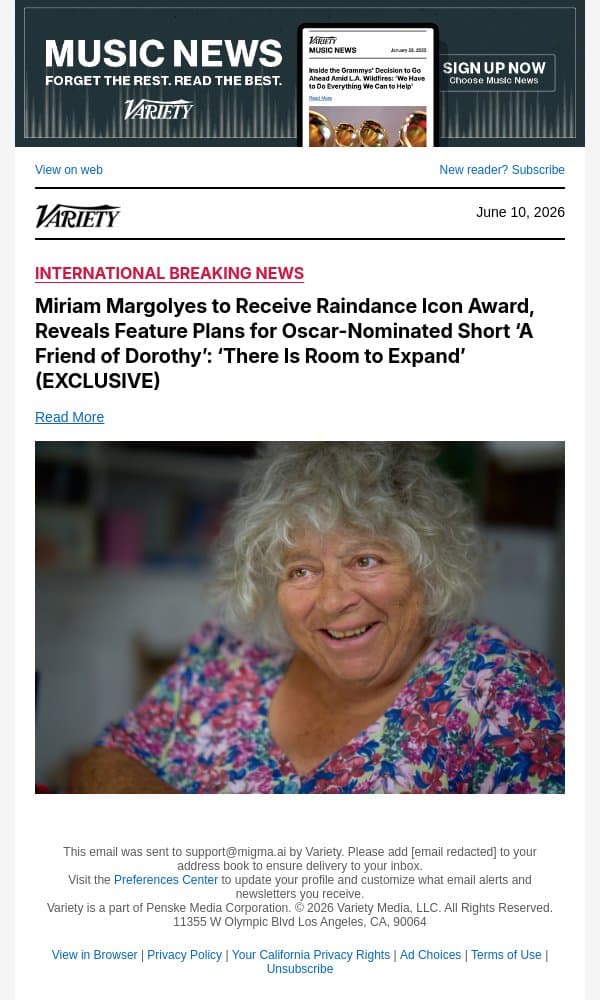 Miriam Margolyes to Receive Raindance Icon Award, Reveals Feature Plans for Oscar-Nominated Short ‘A Friend of Dorothy’: ‘There Is Room to Expand’ (EXCLUSIVE) email from Variety screenshot