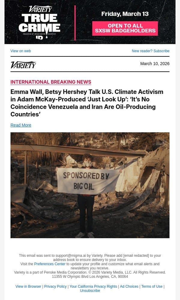 Emma Wall, Betsy Hershey Talk U.S. Climate Activism in Adam McKay-Produced ‘Just Look Up’: ‘It’s No Coincidence Venezuela and Iran Are Oil-Producing Countries’ email from Variety screenshot
