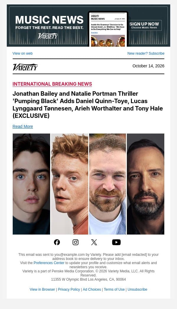 Jonathan Bailey and Natalie Portman Thriller 'Pumping Black' Adds Daniel Quinn-Toye, Lucas Lynggaard Tønnesen, Arieh Worthalter and Tony Hale (EXCLUSIVE) email from Variety screenshot