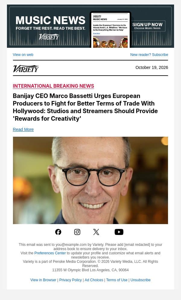 Banijay CEO Marco Bassetti Urges European Producers to Fight for Better Terms of Trade With Hollywood: Studios and Streamers Should Provide 'Rewards for Creativity' email from Variety screenshot