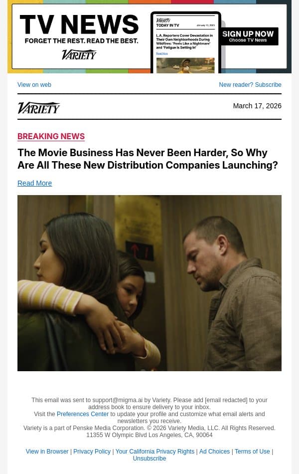 The Movie Business Has Never Been Harder, So Why Are All These New Distribution Companies Launching? email from Variety screenshot