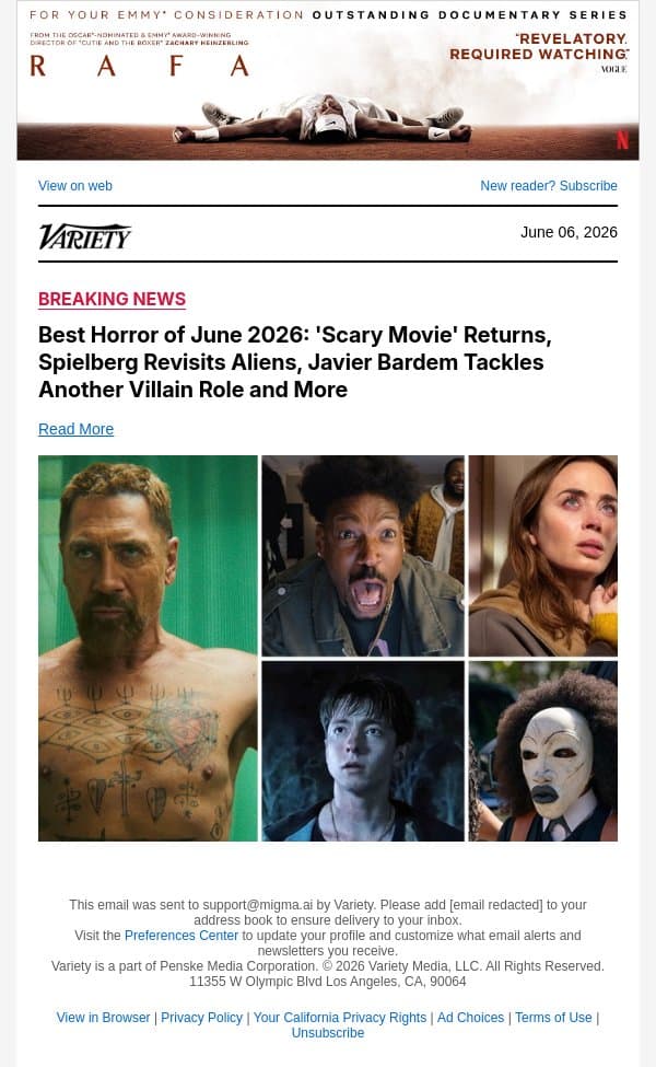 Best Horror of June 2026: 'Scary Movie' Returns, Spielberg Revisits Aliens, Javier Bardem Tackles Another Villain Role and More email from Variety screenshot