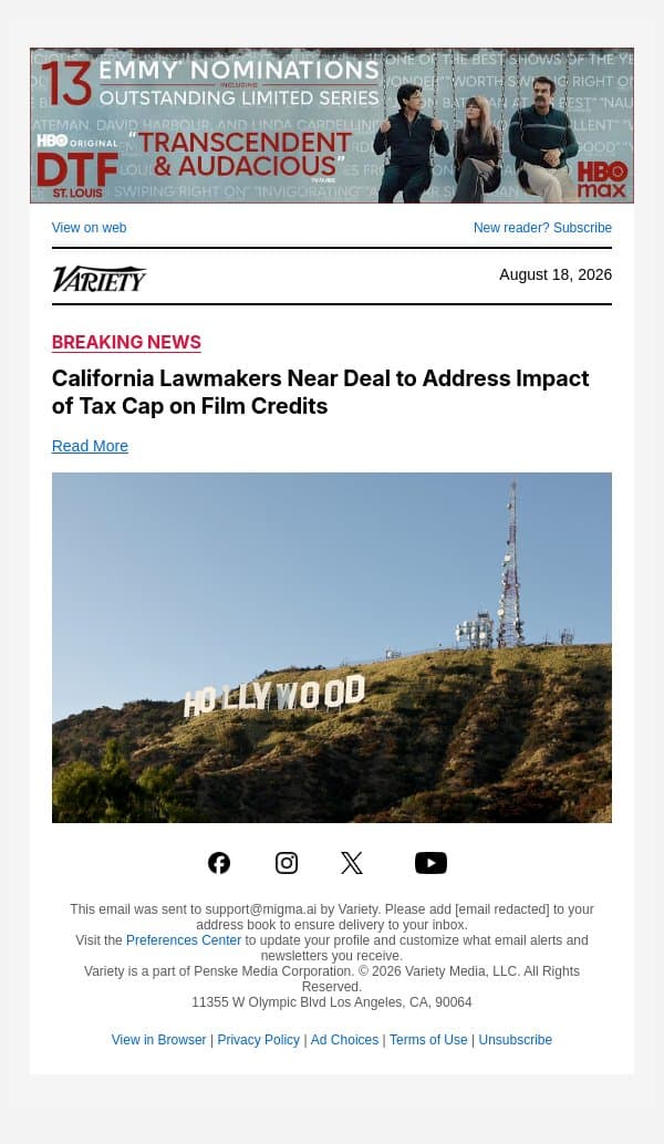 California Lawmakers Near Deal to Address Impact of Tax Cap on Film Credits email from Variety screenshot