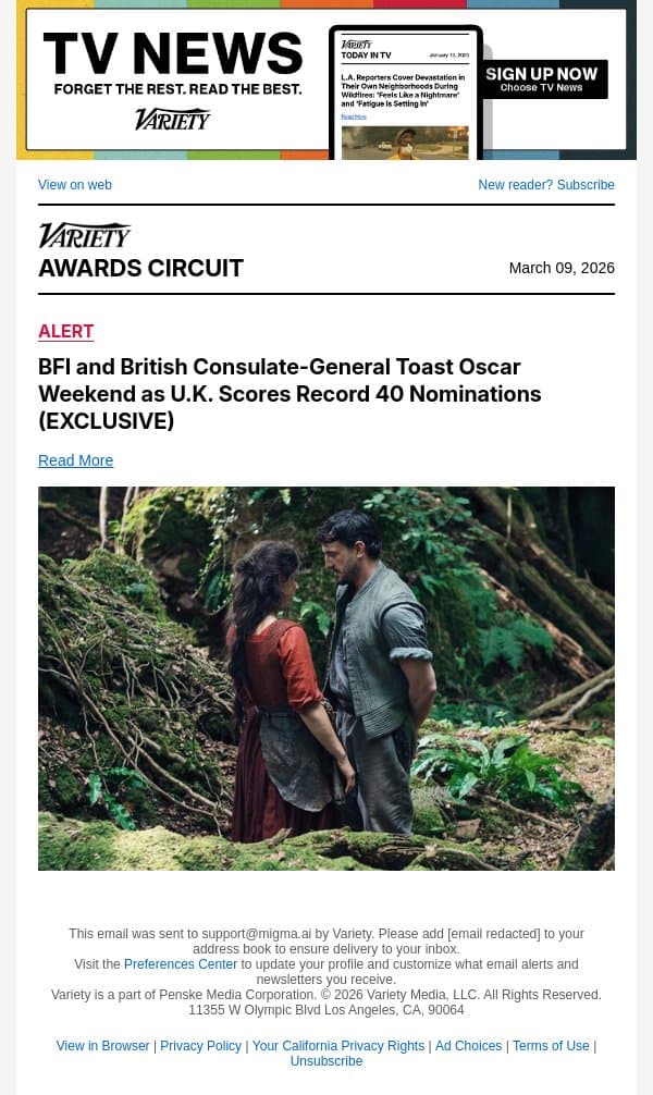 BFI and British Consulate-General Toast Oscar Weekend as U.K. Scores Record 40 Nominations (EXCLUSIVE) email from Variety screenshot