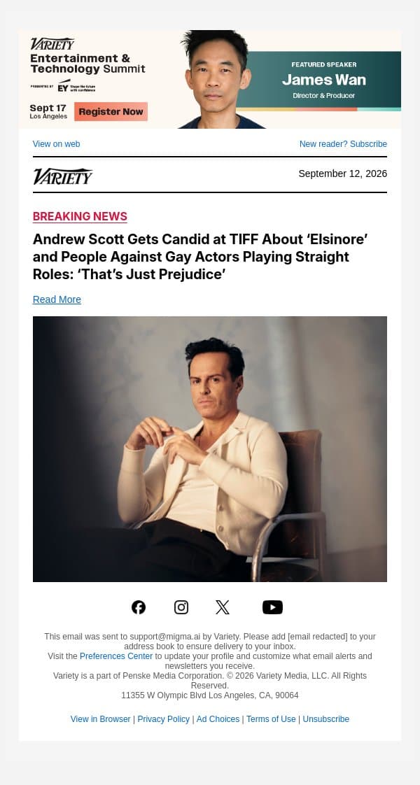 Andrew Scott Gets Candid at TIFF About ‘Elsinore’ and People Against Gay Actors Playing Straight Roles: ‘That’s Just Prejudice’ email from Variety screenshot