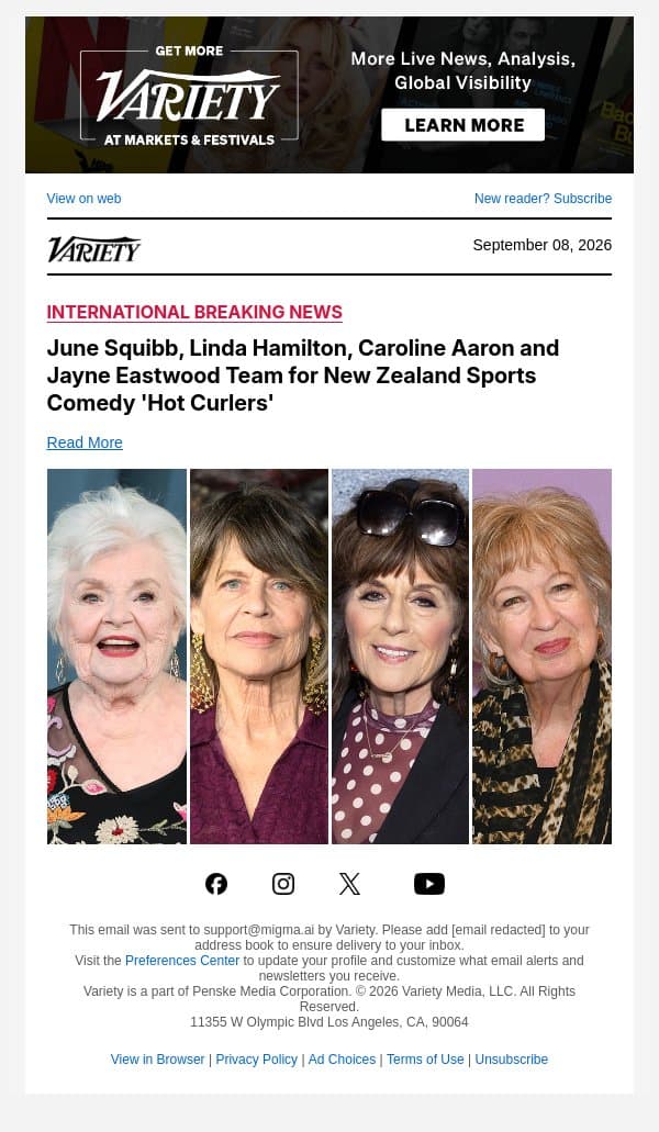June Squibb, Linda Hamilton, Caroline Aaron and Jayne Eastwood Team for New Zealand Sports Comedy 'Hot Curlers' email from Variety screenshot