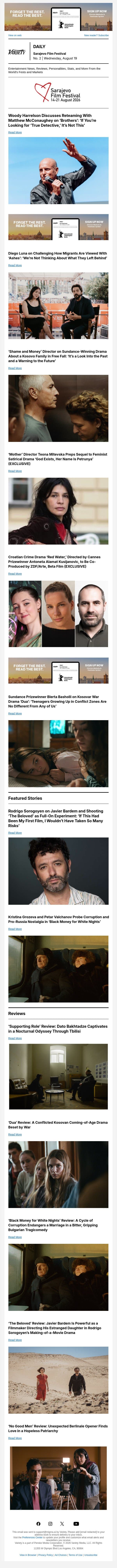 Harrelson Talks ‘Brothers’; Luna Probes Migration; Morina on 'Shame and Money' email from Variety screenshot
