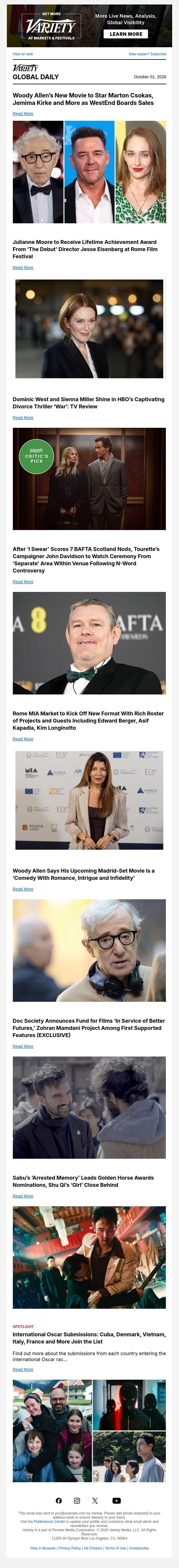 Woody Allen's New Movie Cast; Julianne Moore Gets Rome Honor; 'War' Review email from Variety screenshot