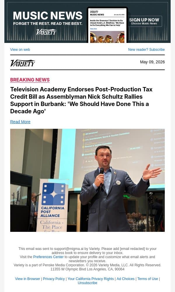 Television Academy Endorses Post-Production Tax Credit Bill as Assemblyman Nick Schultz Rallies Support in Burbank: 'We Should Have Done This a Decade Ago' email from Variety screenshot
