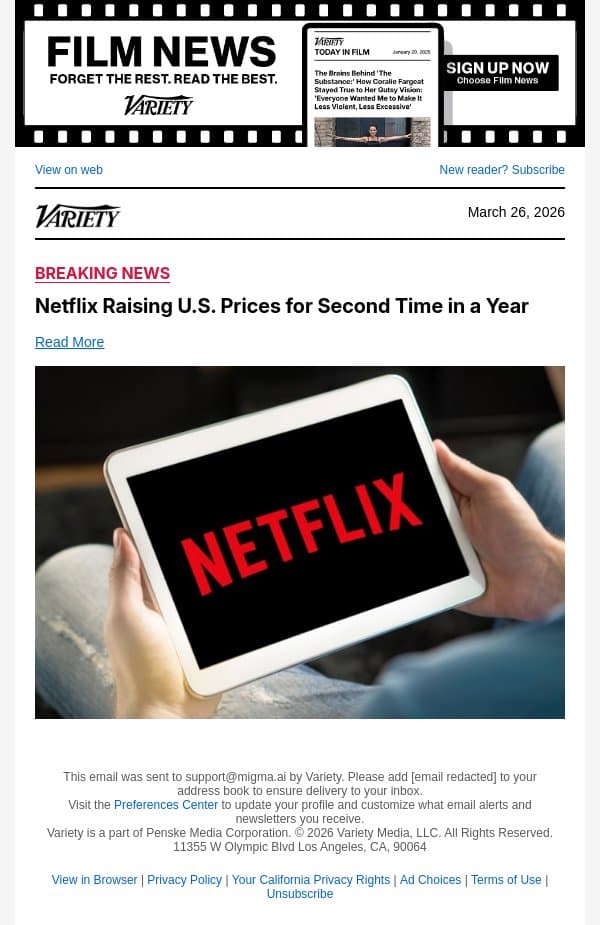 Netflix Raising U.S. Prices for Second Time in a Year email from Variety screenshot