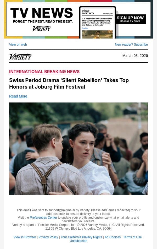 Swiss Period Drama 'Silent Rebellion' Takes Top Honors at Joburg Film Festival email from Variety screenshot