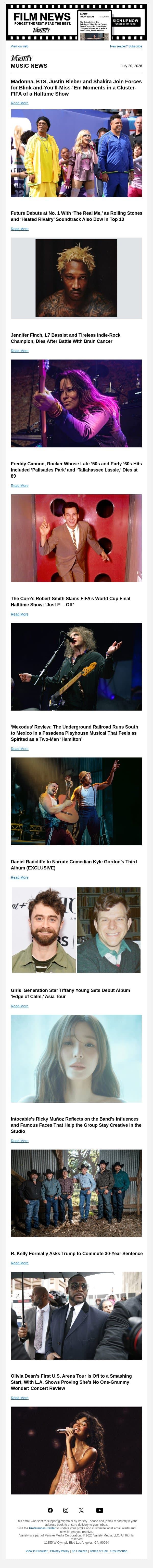FIFA Halftime Show Is a Superstar Traffic Jam; Future Gets His 12th No. 1 Album; RIP, Jennifer Finch and Freddy Cannion email from Variety screenshot