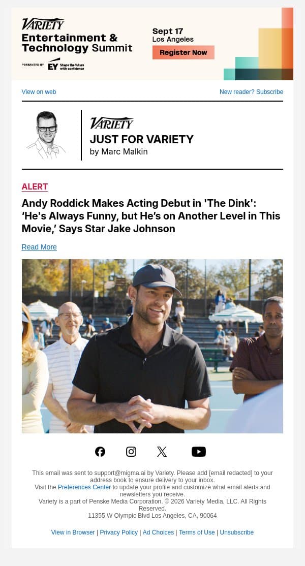 Andy Roddick Makes Acting Debut in 'The Dink': ‘He's Always Funny, but He’s on Another Level in This Movie,’ Says Star Jake Johnson email from Variety screenshot