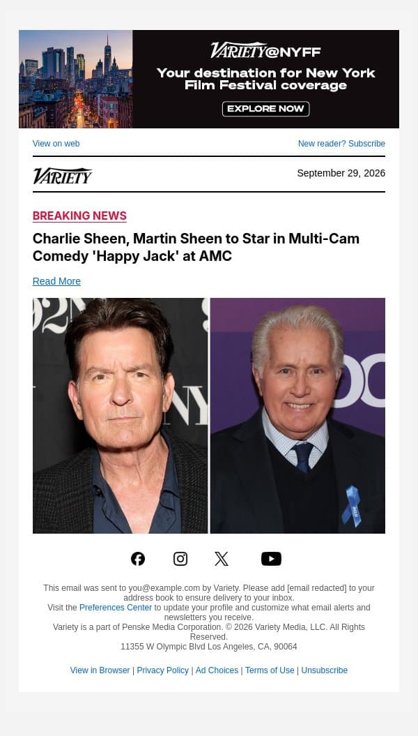 Charlie Sheen, Martin Sheen to Star in Multi-Cam Comedy 'Happy Jack' at AMC email from Variety screenshot