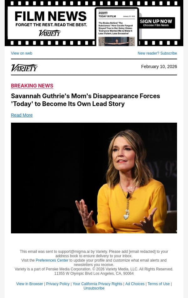 Savannah Guthrie's Mom's Disappearance Forces 'Today' to Become Its Own Lead Story email from Variety screenshot