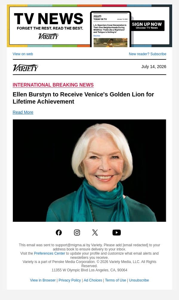 Ellen Burstyn to Receive Venice's Golden Lion for Lifetime Achievement email from Variety screenshot