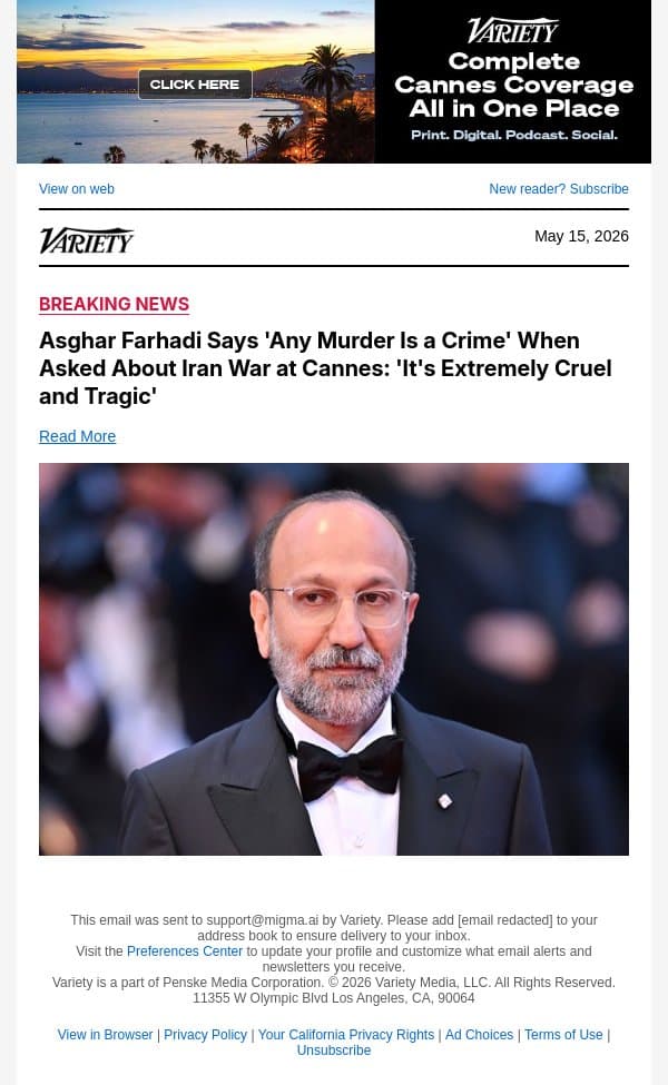Asghar Farhadi Says 'Any Murder Is a Crime' When Asked About Iran War at Cannes: 'It's Extremely Cruel and Tragic' email from Variety screenshot