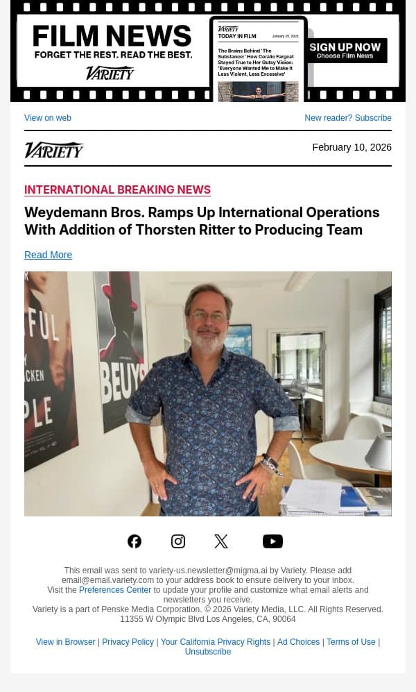 Weydemann Bros. Ramps Up International Operations With Addition of Thorsten Ritter to Producing Team email from Variety screenshot