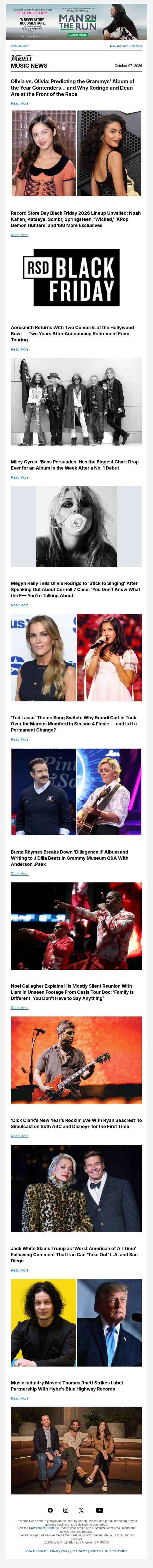 Grammy Album of the Year Nomination Predictions; Record Store Day Black Friday Lineup Revealed; Aerosmith Books Hollywood Bowl Shows After Touring Retirement email from Variety screenshot