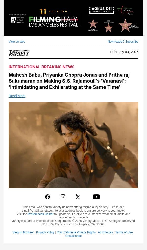 Mahesh Babu, Priyanka Chopra Jonas and Prithviraj Sukumaran on Making S.S. Rajamouli's 'Varanasi': 'Intimidating and Exhilarating at the Same Time' email from Variety screenshot