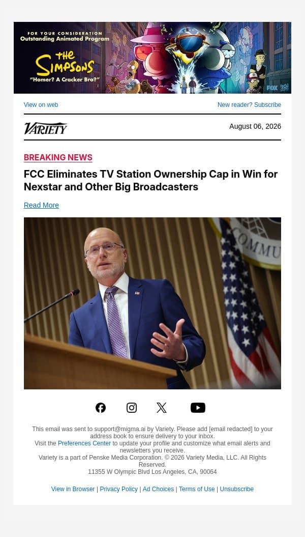 FCC Eliminates TV Station Ownership Cap in Win for Nexstar and Other Big Broadcasters email from Variety screenshot