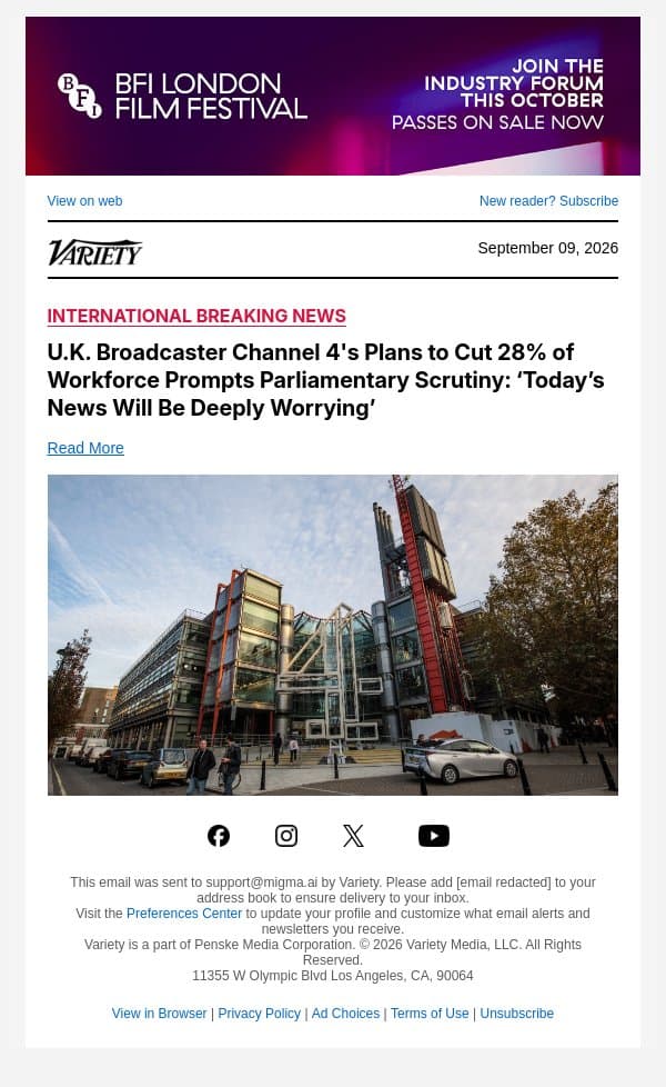 U.K. Broadcaster Channel 4's Plans to Cut 28% of Workforce Prompts Parliamentary Scrutiny: ‘Today’s News Will Be Deeply Worrying’ email from Variety screenshot