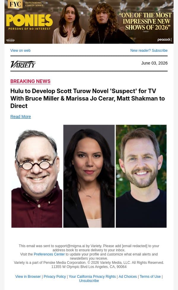 Hulu to Develop Scott Turow Novel 'Suspect' for TV With Bruce Miller and Marissa Jo Cerar, Matt Shakman to Direct email from Variety screenshot