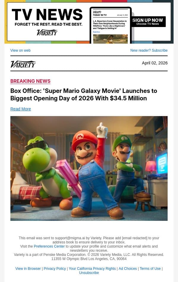 Box Office: 'Super Mario Galaxy Movie' Launches to Biggest Opening Day of 2026 With $34.5 Million email from Variety screenshot