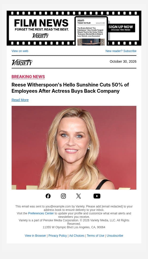 Reese Witherspoon's Hello Sunshine Cuts 50% of Employees After Actress Buys Back Company email from Variety screenshot