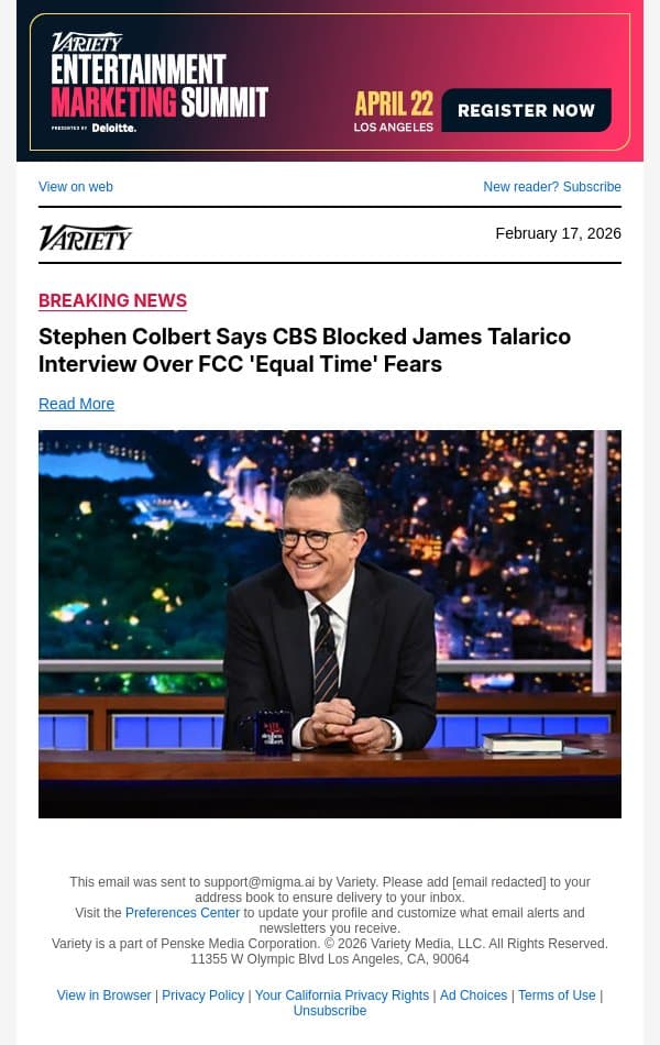 Stephen Colbert Says CBS Blocked James Talarico Interview Over FCC 'Equal Time' Fears email from Variety screenshot