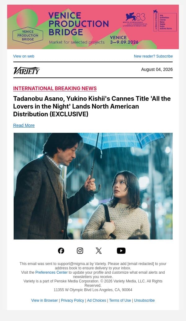 Tadanobu Asano, Yukino Kishii's Cannes Title 'All the Lovers in the Night' Lands North American Distribution (EXCLUSIVE) email from Variety screenshot