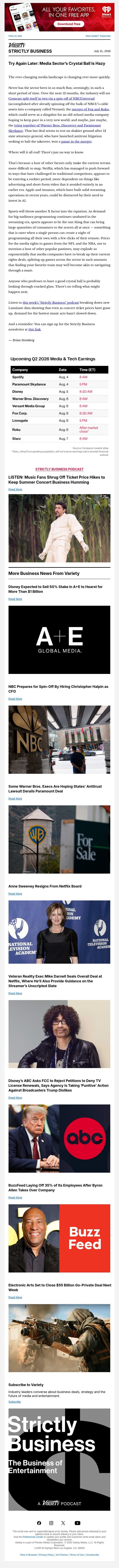 Strictly Business Newsletter & Podcast: Media's Hazy Crystal Ball; NBCU Readies New CFO for Spin-Off; Disney Unloading A+E; Live Music Biz Is as Strong as Ever; and More email from Variety screenshot