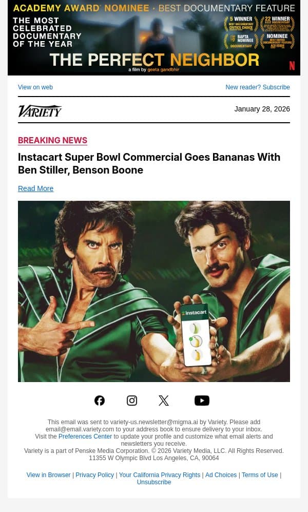 Instacart Super Bowl Commercial Goes Bananas With Ben Stiller, Benson Boone email from Variety screenshot