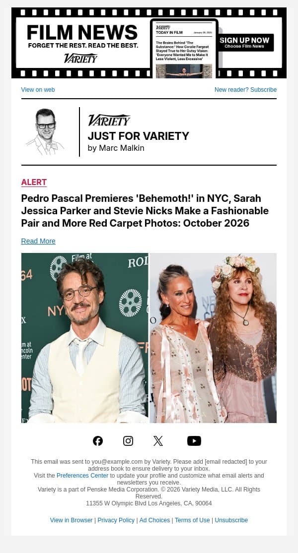 Pedro Pascal Premieres 'Behemoth!' in NYC, Sarah Jessica Parker and Stevie Nicks Make a Fashionable Pair and More Red Carpet Photos: October 2026 email from Variety screenshot