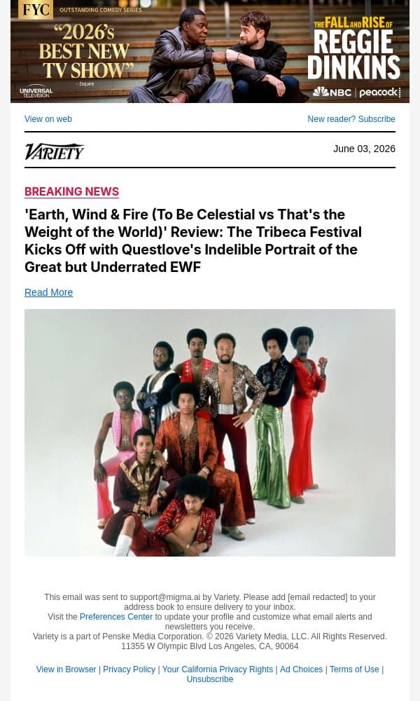 'Earth, Wind and Fire (To Be Celestial vs That's the Weight of the World)' Review: The Tribeca Festival Kicks Off with Questlove's Indelible Portrait of the Great but Underrated EWF email from Variety screenshot
