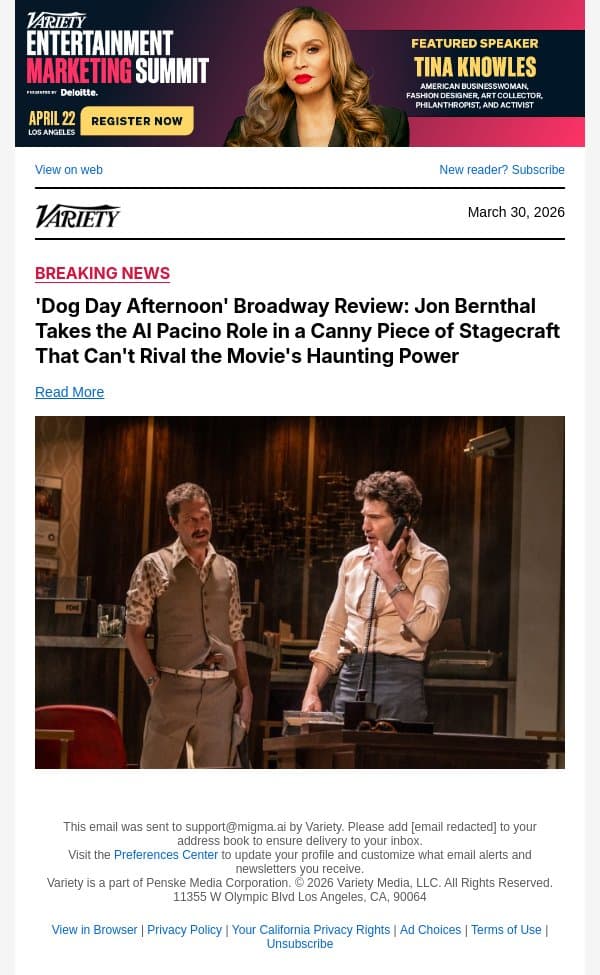 'Dog Day Afternoon' Broadway Review: Jon Bernthal Takes the Al Pacino Role in a Canny Piece of Stagecraft That Can't Rival the Movie's Haunting Power email from Variety screenshot