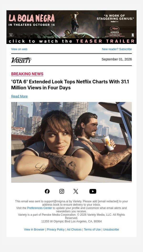 'GTA 6' Extended Look Tops Netflix Charts With 31.1 Million Views in Four Days email from Variety screenshot