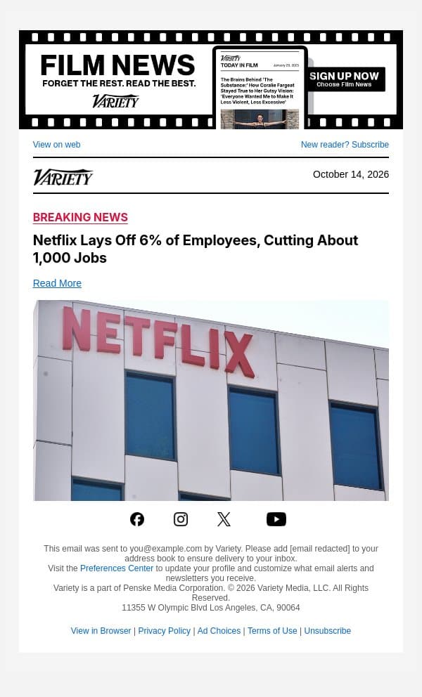 Netflix Lays Off 6% of Employees, Cutting About 1,000 Jobs email from Variety screenshot