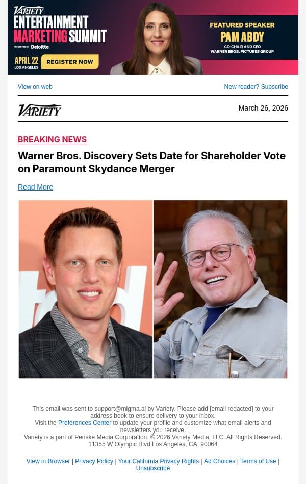 Warner Bros. Discovery Sets Date for Shareholder Vote on Paramount Skydance Merger email from Variety screenshot