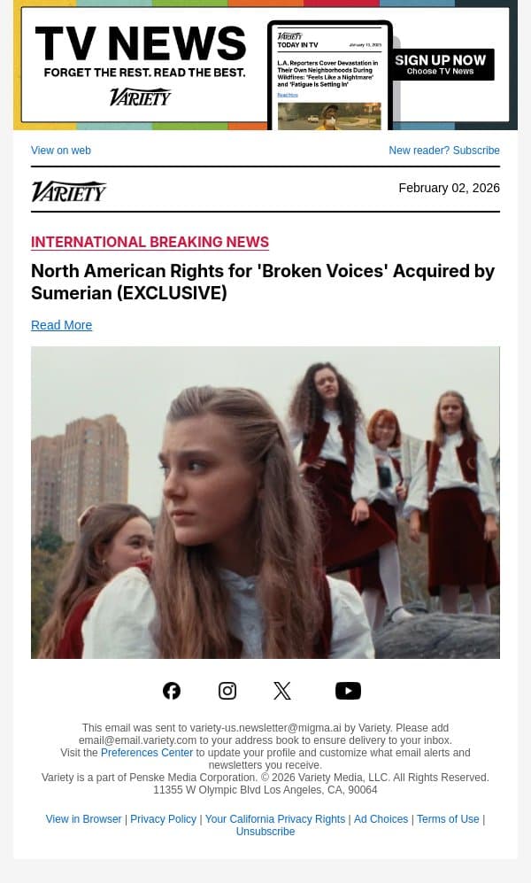 North American Rights for 'Broken Voices' Acquired by Sumerian (EXCLUSIVE) email from Variety screenshot