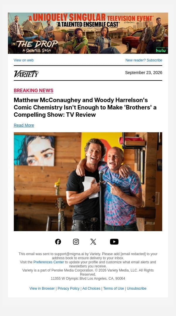 Matthew McConaughey and Woody Harrelson's Comic Chemistry Isn't Enough to Make 'Brothers' a Compelling Show: TV Review email from Variety screenshot