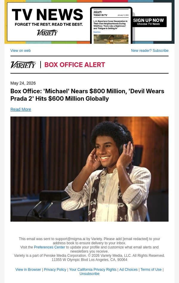 Box Office: 'Michael' Nears $800 Million, 'Devil Wears Prada 2' Hits $600 Million Globally email from Variety screenshot