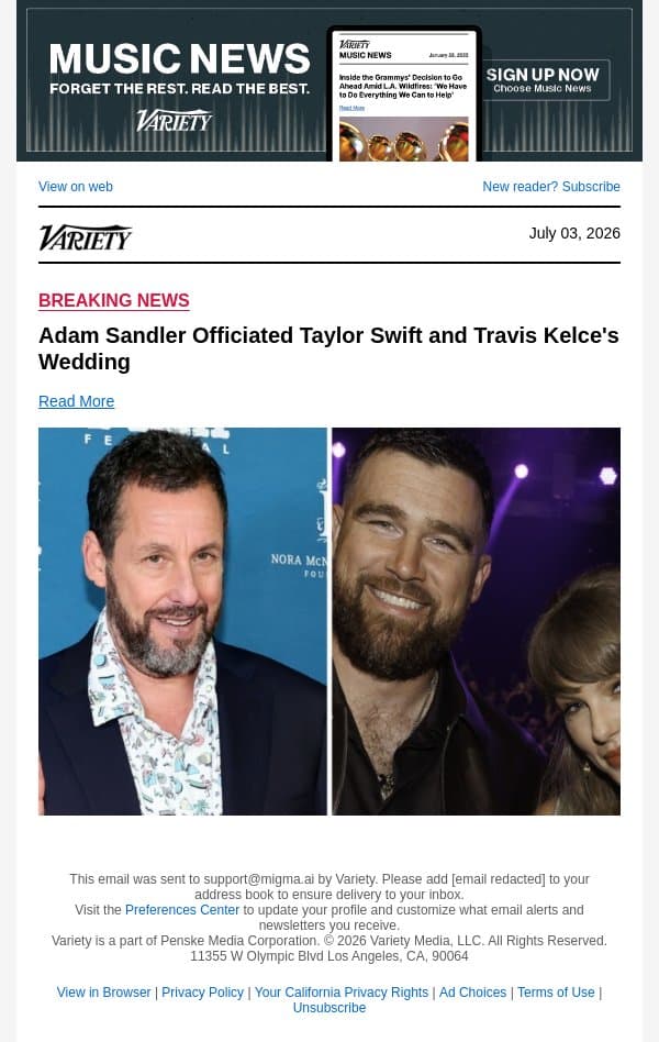 Adam Sandler Officiated Taylor Swift and Travis Kelce's Wedding email from Variety screenshot