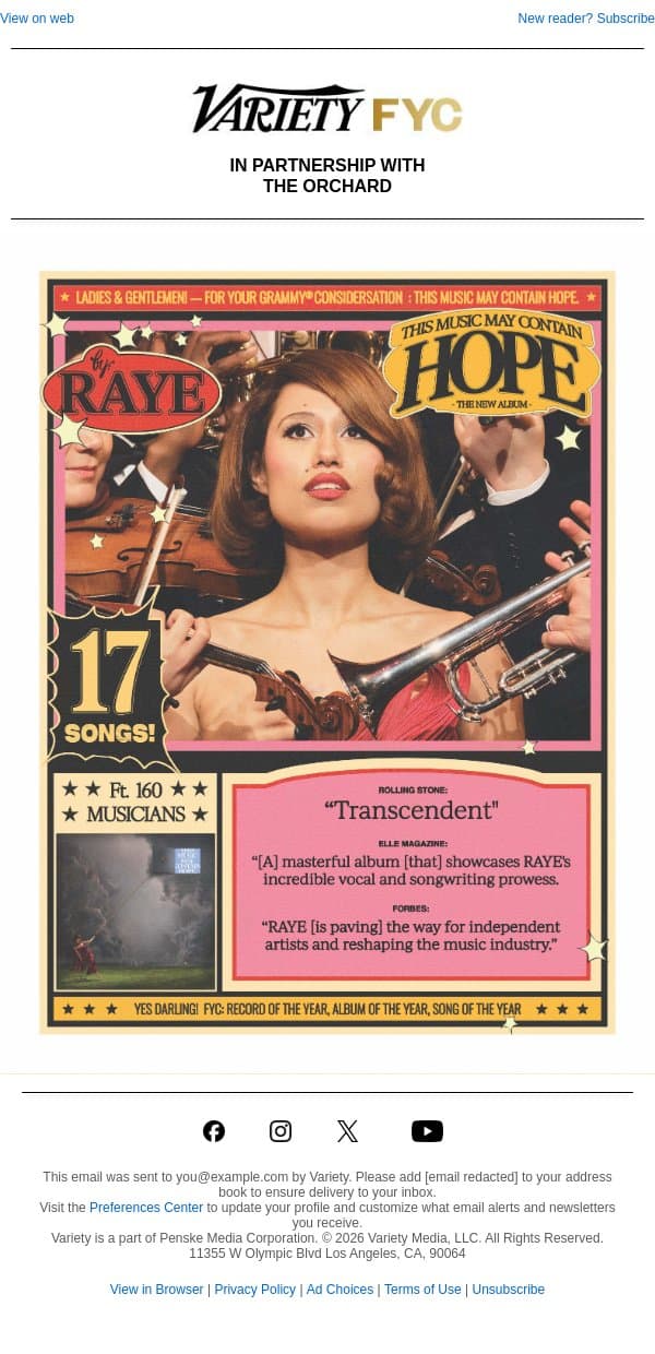 For Your GRAMMY® Consideration - Raye email from Variety screenshot