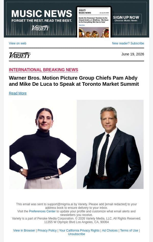 Warner Bros. Motion Picture Group Chiefs Pam Abdy and Mike De Luca to Speak at Toronto Market Summit email from Variety screenshot