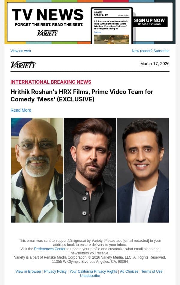 Hrithik Roshan's HRX Films, Prime Video Team for Comedy 'Mess' (EXCLUSIVE) email from Variety screenshot
